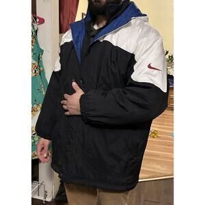 Vtg Nike Quilted Thick Winter Jacket Hoodie Men Swoosh Blue White Black L 2X XXL